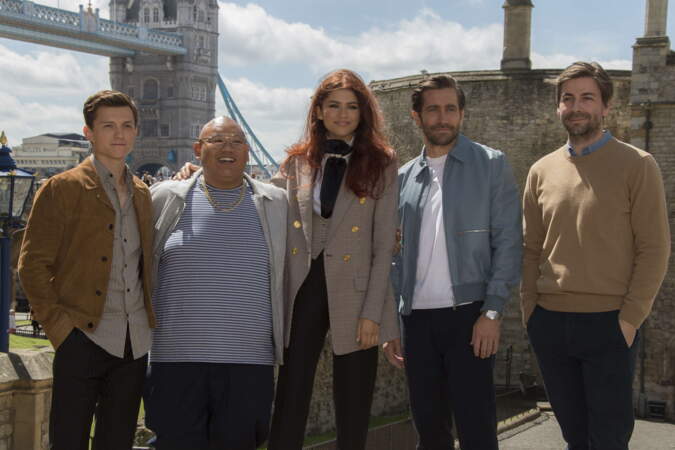 2019 : Tom Holland, Jacob Batalon, Zendaya, Jake Gyllenhaal et le réalisateur Jon Watts à l'avant-première de Spiderman: Far From Home, Londres