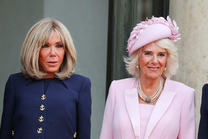 Camilla Parker Bowles et Brigitte Macron à l'Elysée, lors de leur visite d'Etat. 